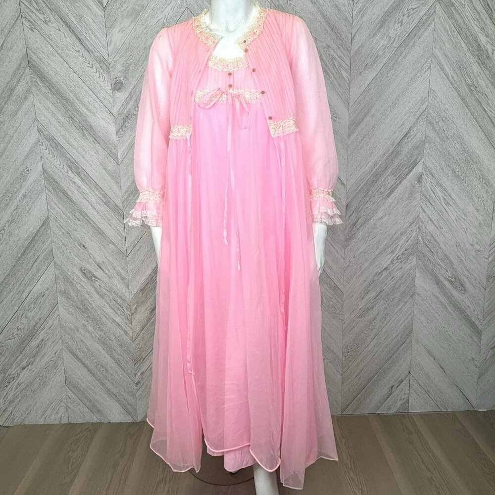 Vintage Chiffon Peignoir & Nightgown Negligee Set Pink Womens Size Small